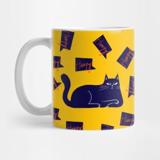 Blue not so happy hungry cat - version 3 on yellow background Mug